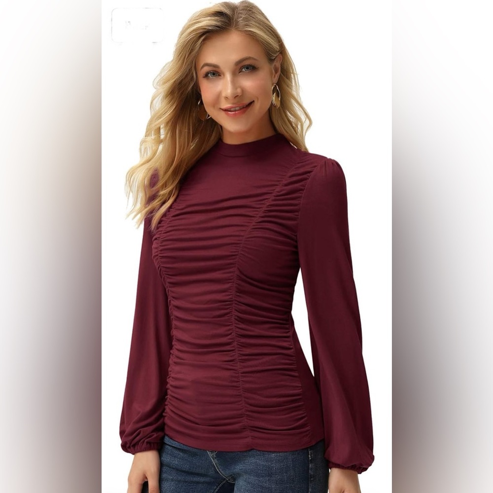 GRACE KARIN Womens Long Lantern Sleeve High-Neck Ruched Front Fitted Blouse